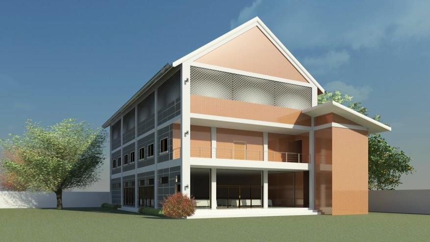 Architectural rendering of the completed building exterior